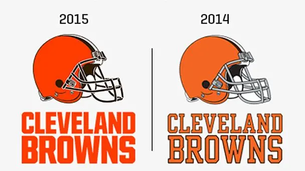 Comparación del logo de Cleveland Browns 2014 vs 2015 con cambios en color, brillo y tipografía