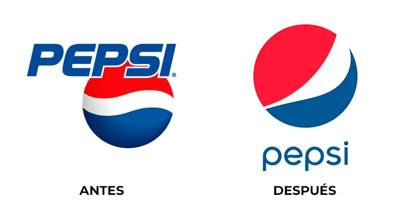Comparación del logo anterior y el rediseño de Pepsi con cambio de tipografía y simplificación del isotipo