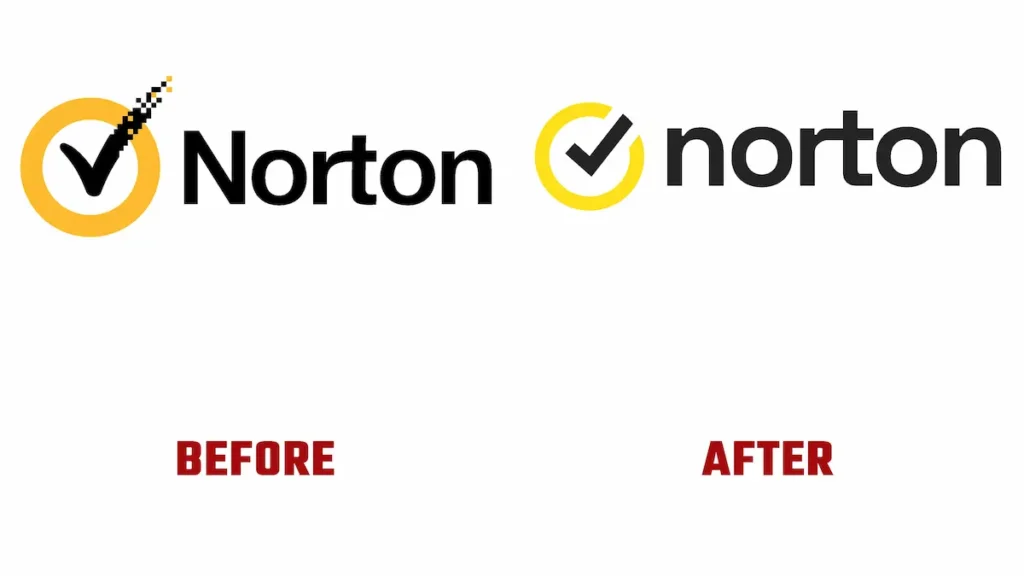 Comparación del logo antiguo de Norton con efecto pixelado y el rediseño limpio y minimalista posterior