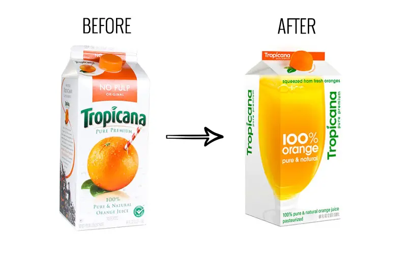 Comparación del empaque original de Tropicana con el rediseño de 2009 considerado uno de los mayores errores en logotipos y packaging